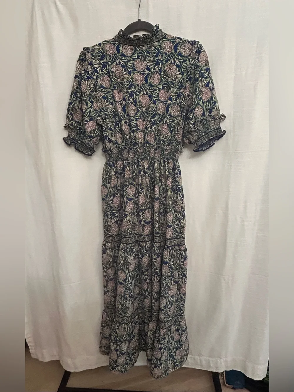 Max‎ Studio Navy Floral Smocked Split Neck Maxi Dress